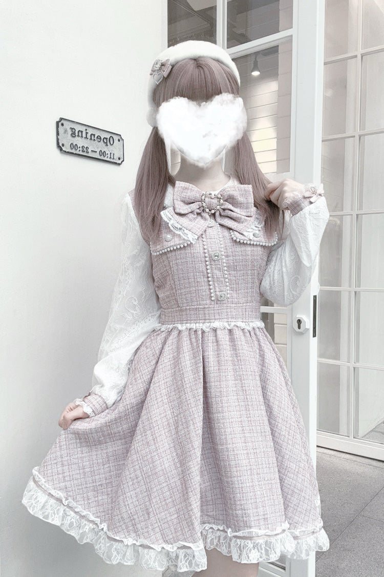 Sweet Lolita Dress - Grey/pink, 2 Colors, Lace Trim, Long Sleeves, Bow Detail - additional product view 3