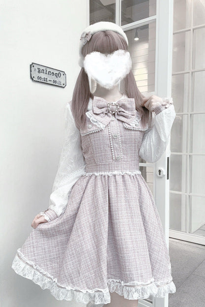 Sweet Lolita Dress - Grey/pink, 2 Colors, Lace Trim, Long Sleeves, Bow Detail - additional product view 3