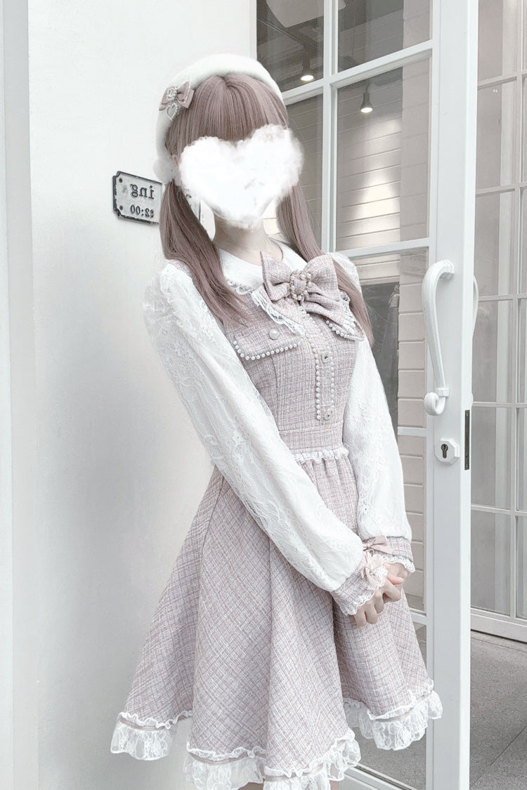Sweet Lolita Dress - Grey/pink, 2 Colors, Lace Trim, Long Sleeves, Bow Detail - additional product view 4