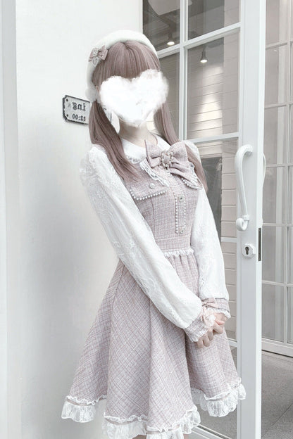 Sweet Lolita Dress - Grey/pink, 2 Colors, Lace Trim, Long Sleeves, Bow Detail - additional product view 4