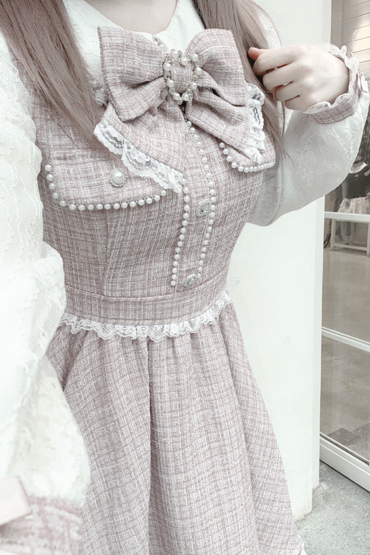 Sweet Lolita Dress - Grey/pink, 2 Colors, Lace Trim, Long Sleeves, Bow Detail - additional product view 5