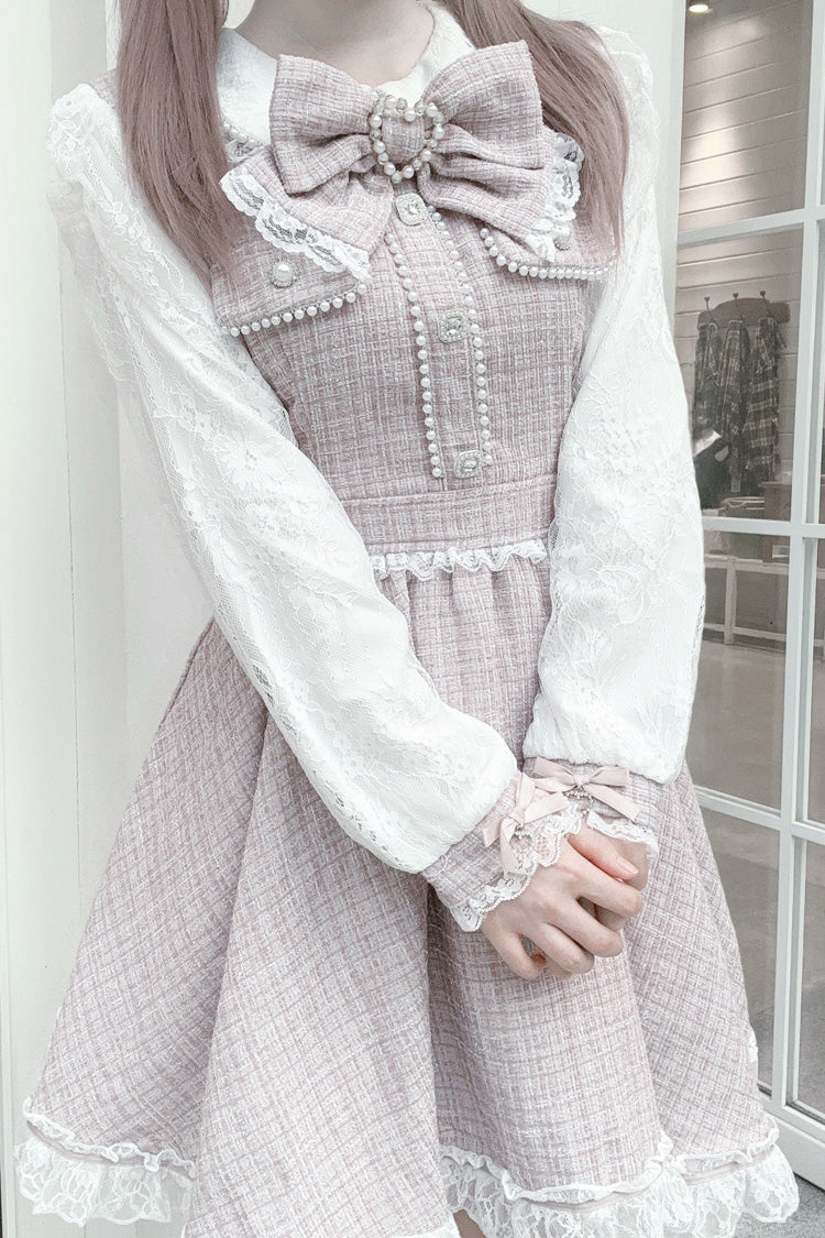 Sweet Lolita Dress - Grey/pink, 2 Colors, Lace Trim, Long Sleeves, Bow Detail - additional product view 6