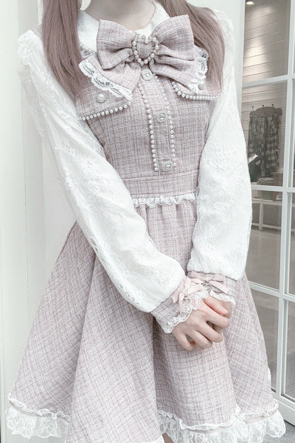 Sweet Lolita Dress - Grey/pink, 2 Colors, Lace Trim, Long Sleeves, Bow Detail - additional product view 6