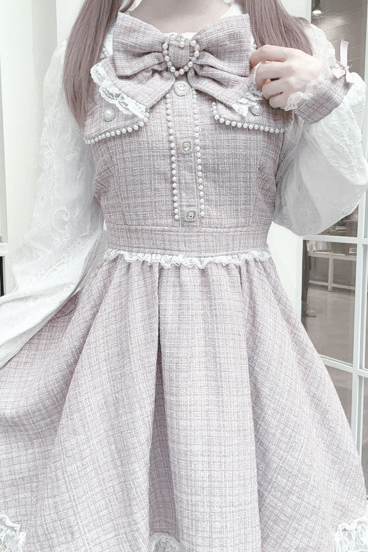 Sweet Lolita Dress - Grey/pink, 2 Colors, Lace Trim, Long Sleeves, Bow Detail - additional product view 7