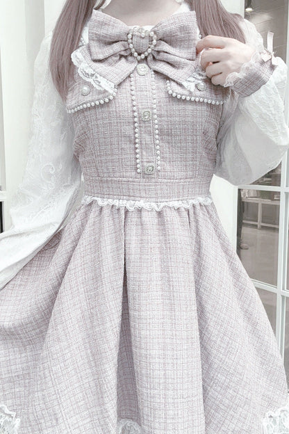 Sweet Lolita Dress - Grey/pink, 2 Colors, Lace Trim, Long Sleeves, Bow Detail - additional product view 7