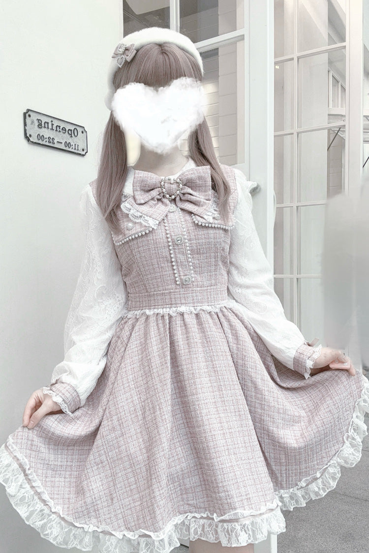 Sweet Lolita Dress - Grey/pink, 2 Colors, Lace Trim, Long Sleeves, Bow Detail - main product image
