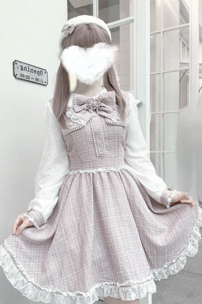 Sweet Lolita Dress - Grey/pink, 2 Colors, Lace Trim, Long Sleeves, Bow Detail - main product image