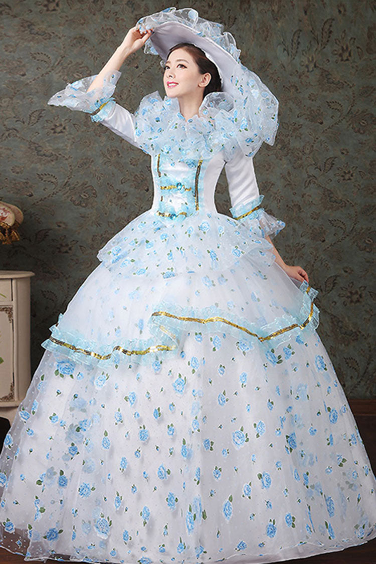 Sweet Lolita Dress - Half Sleeves Diamond Button High, 4 Colors, High Waist, Printed - S Blue / M Blue / L Blue option