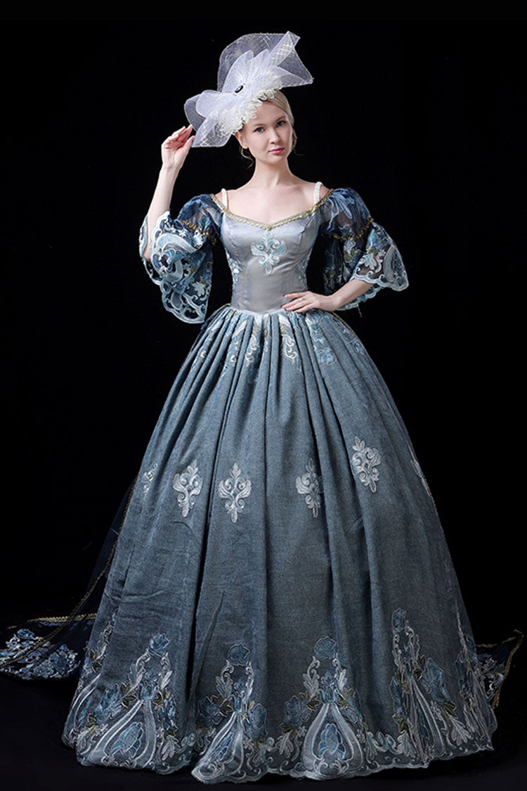 Sweet Lolita Dress - Half Sleeves High Waisted Hollow, 2 Colors, High Waist, Printed - S Blue / M Blue / L Blue option