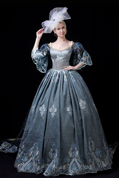 Sweet Lolita Dress - Half Sleeves High Waisted Hollow, 2 Colors, High Waist, Printed - S Blue / M Blue / L Blue option