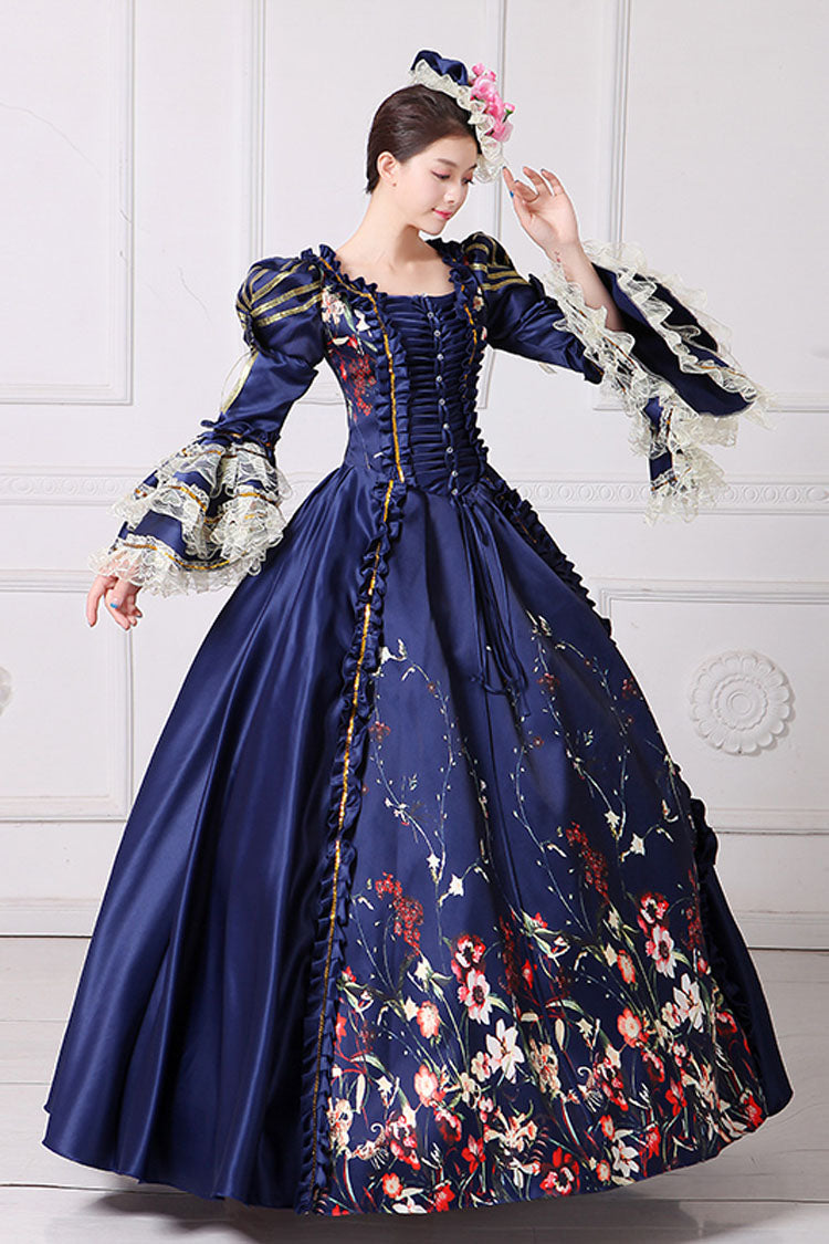 Sweet Lolita Dress - Half Sleeves Multi-layer Trumpet, 3 Colors, High Waist, Printed - S Blue / M Blue / L Blue option