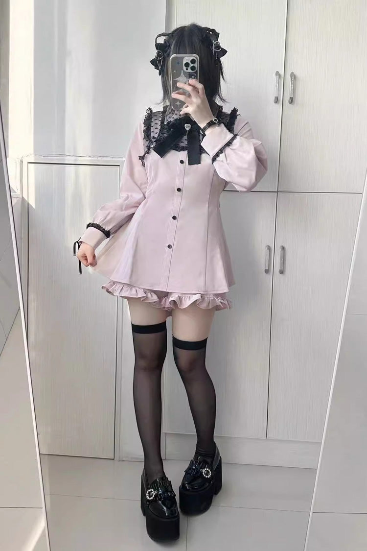 Sweet Lolita Dress - Heart Shape Print, 2 Colors, Printed, Long Sleeves, Bow Detail - additional product view 2