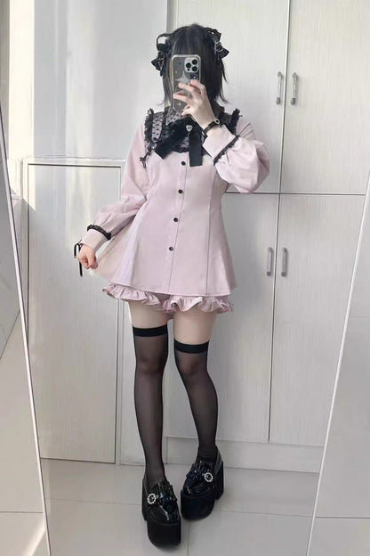 Sweet Lolita Dress - Heart Shape Print, 2 Colors, Printed, Long Sleeves, Bow Detail - additional product view 2