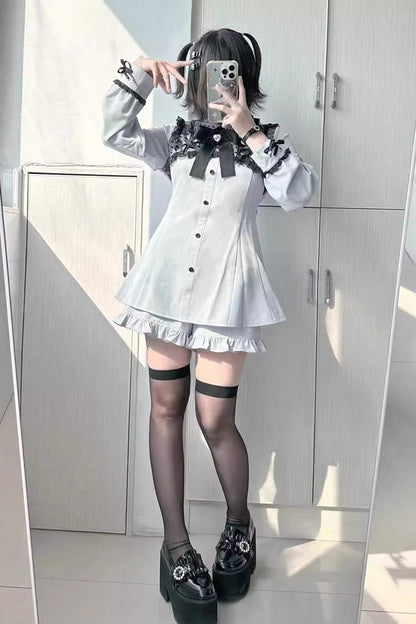 Sweet Lolita Dress - Heart Shape Print, 2 Colors, Printed, Long Sleeves, Bow Detail - additional product view 6