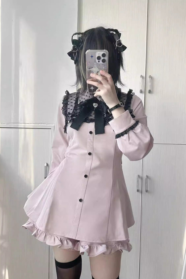 Sweet Lolita Dress - Heart Shape Print, 2 Colors, Printed, Long Sleeves, Bow Detail - main product image