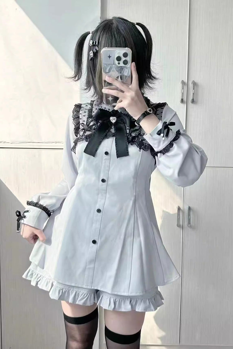 Sweet Lolita Dress - Heart Shape Print, 2 Colors, Printed, Long Sleeves, Bow Detail - S Blue/Green / M Blue/Green / L Blue/Green option