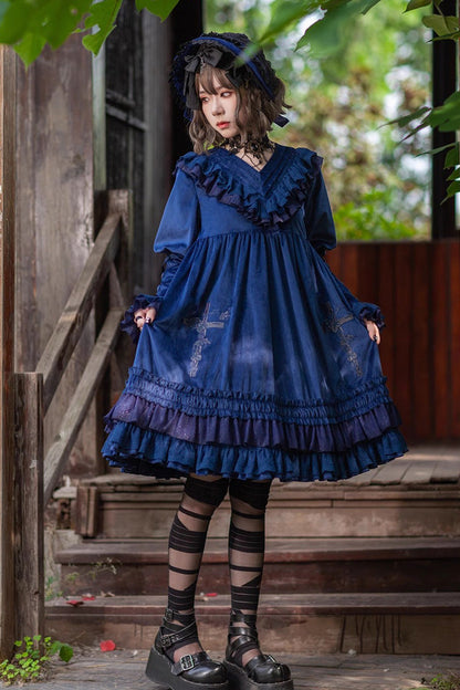 Sweet Lolita Dress - Holy Fruit Manor, 2 Colors, Puff Sleeves, Ruffled, Printed - S Dark-Blue / M Dark-Blue / L Dark-Blue option