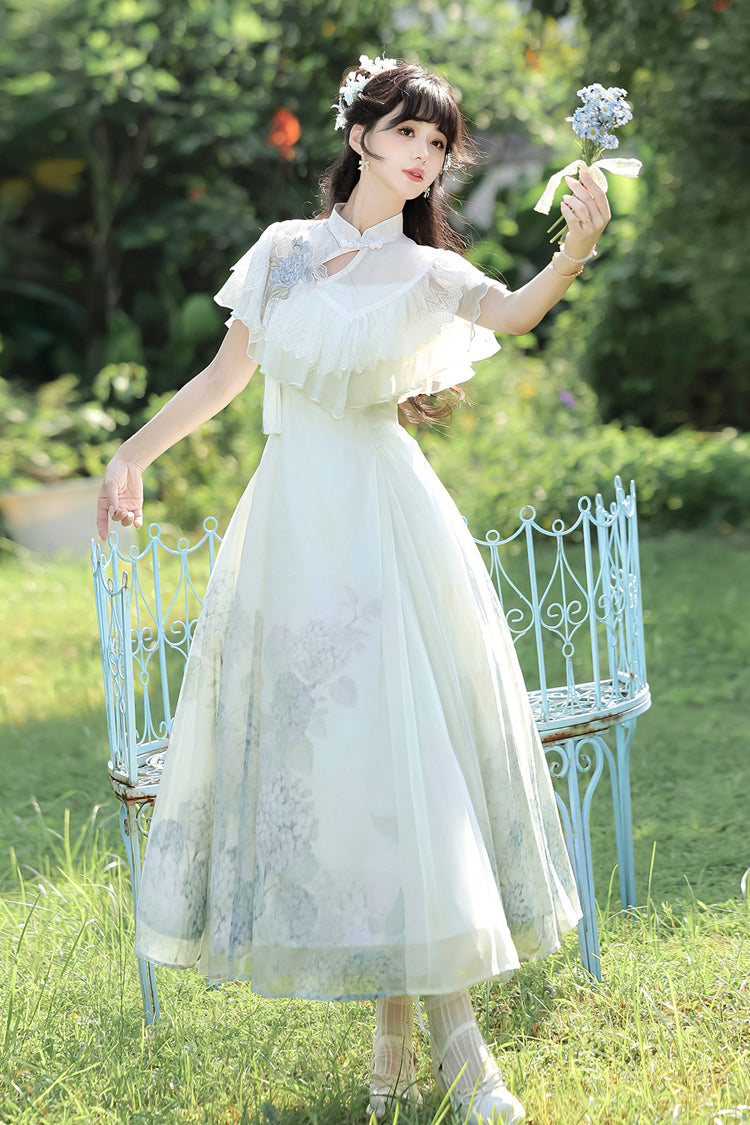 Sweet Lolita Dress - Hydrangea Message, White, Ruffled, Printed, Chinese-Inspired Style - additional product view 2