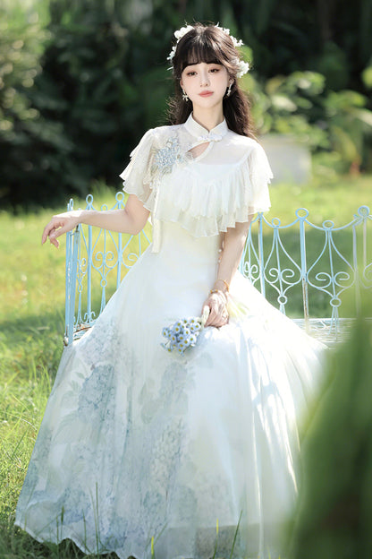 Sweet Lolita Dress - Hydrangea Message, White, Ruffled, Printed, Chinese-Inspired Style - additional product view 3