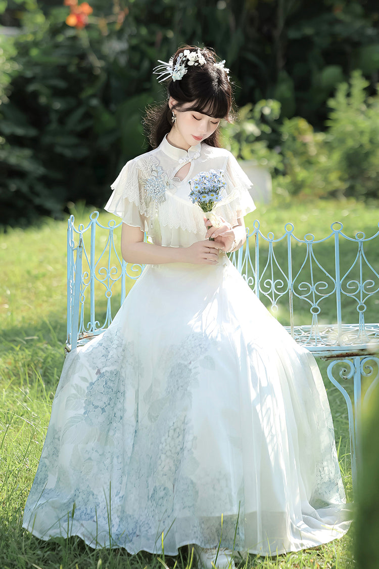 Sweet Lolita Dress - Hydrangea Message, White, Ruffled, Printed, Chinese-Inspired Style - additional product view 4