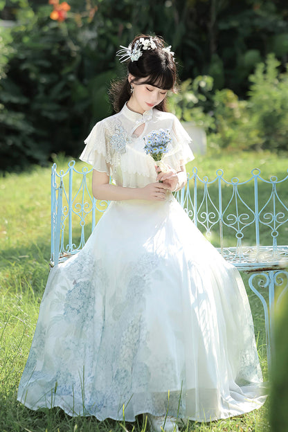 Sweet Lolita Dress - Hydrangea Message, White, Ruffled, Printed, Chinese-Inspired Style - additional product view 4