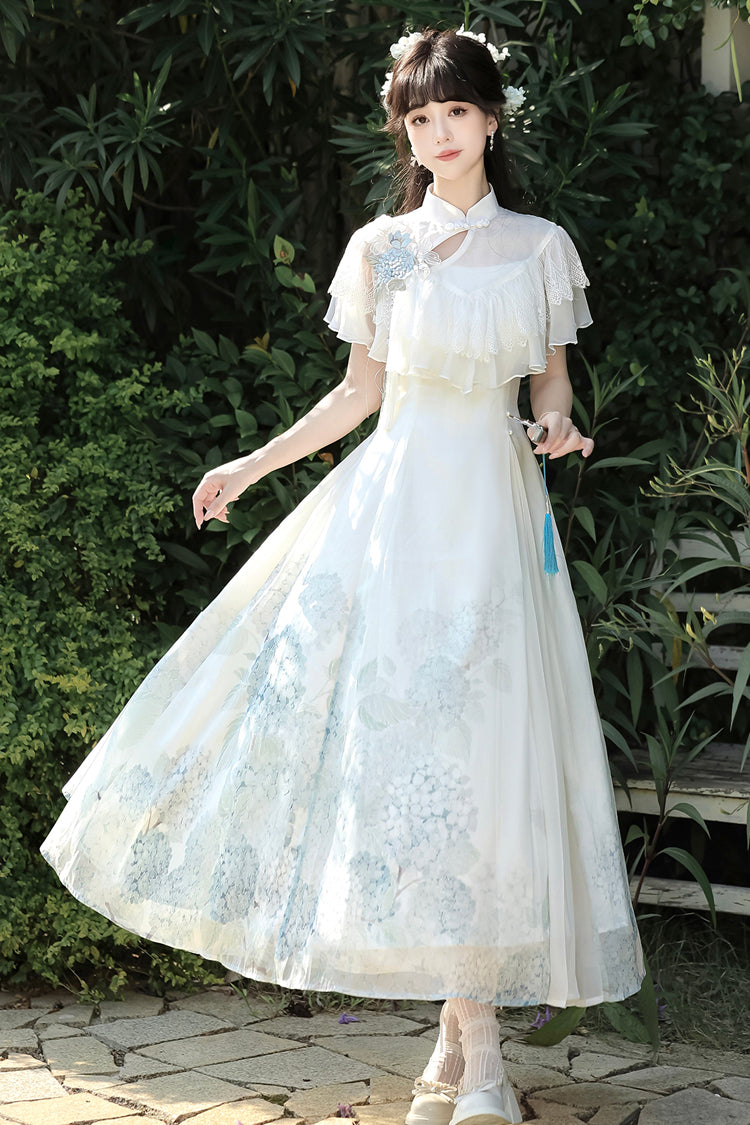 Sweet Lolita Dress - Hydrangea Message, White, Ruffled, Printed, Chinese-Inspired Style - additional product view 5