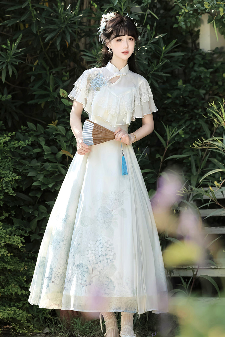 Sweet Lolita Dress - Hydrangea Message, White, Ruffled, Printed, Chinese-Inspired Style - additional product view 6