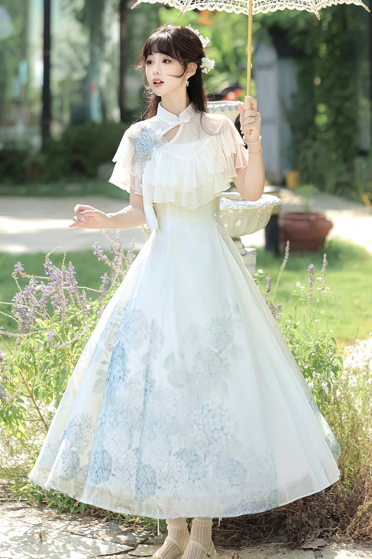 Sweet Lolita Dress - Hydrangea Message, White, Ruffled, Printed, Chinese-Inspired Style - additional product view 7