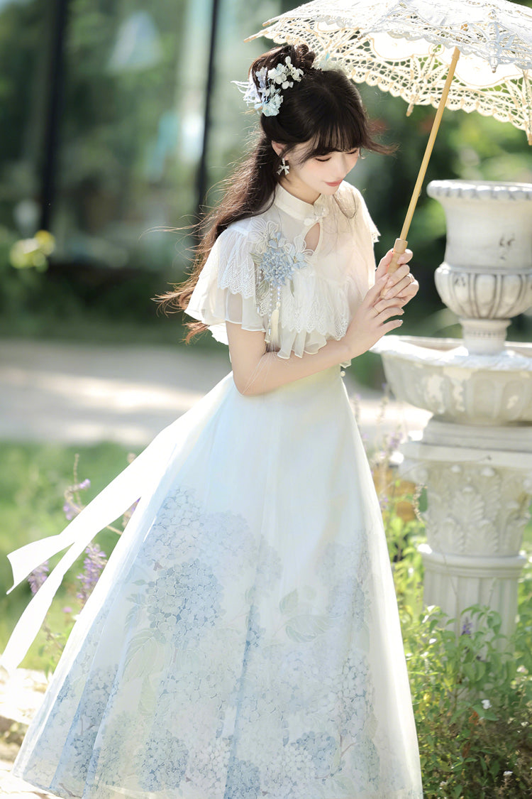 Sweet Lolita Dress - Hydrangea Message, White, Ruffled, Printed, Chinese-Inspired Style - additional product view 8