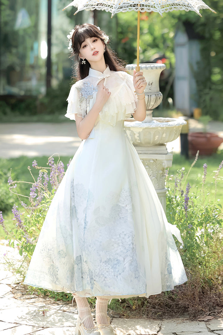 Sweet Lolita Dress - Hydrangea Message, White, Ruffled, Printed, Chinese-Inspired Style - additional product view 9