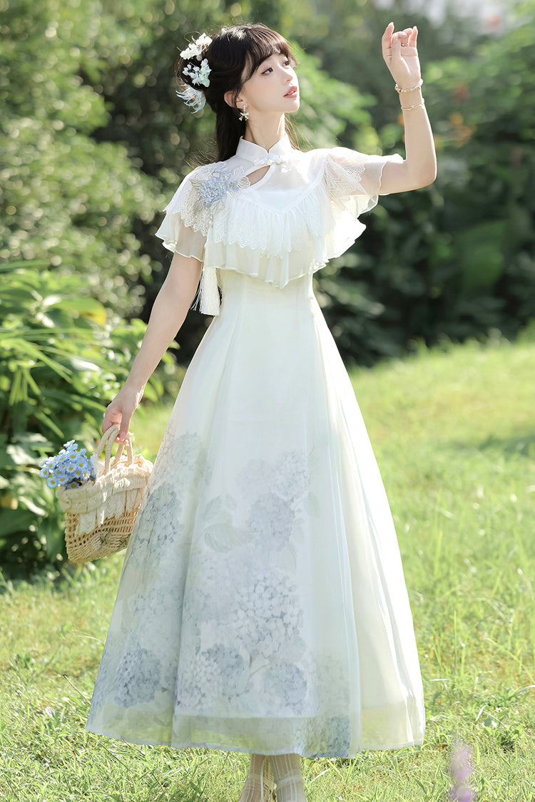Sweet Lolita Dress - Hydrangea Message, White, Ruffled, Printed, Chinese-Inspired Style - additional product view 13
