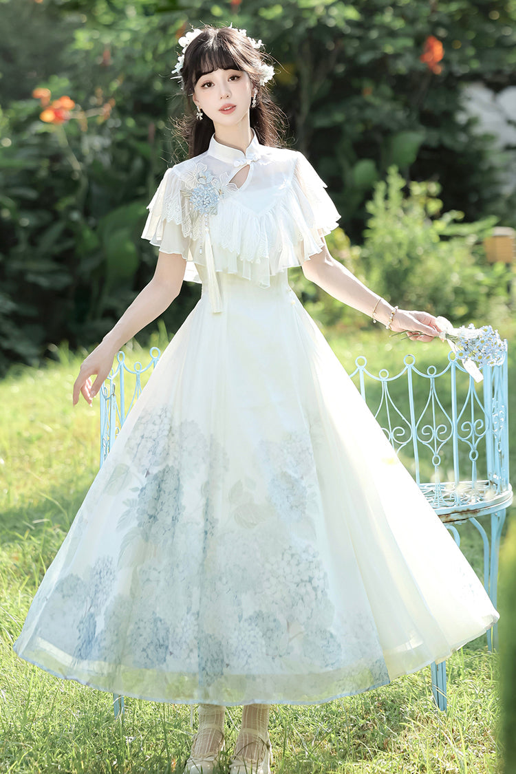 Sweet Lolita Dress - Hydrangea Message, White, Ruffled, Printed, Chinese-Inspired Style - main product image