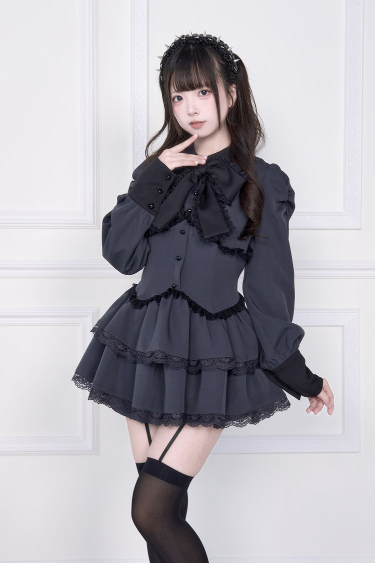 Sweet Lolita Dress - Japanese, 2 Colors, Layered, Long Sleeves, Bow Detail - M Grey / L Grey option