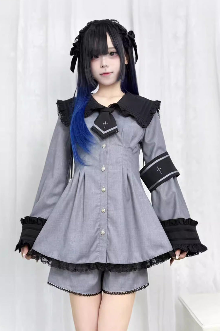 Sweet Lolita Dress - Japanese, 4 Colors, Long Sleeves, Bow Detail, Lace Trim - XS Black/Grey / S Black/Grey / M Black/Grey option