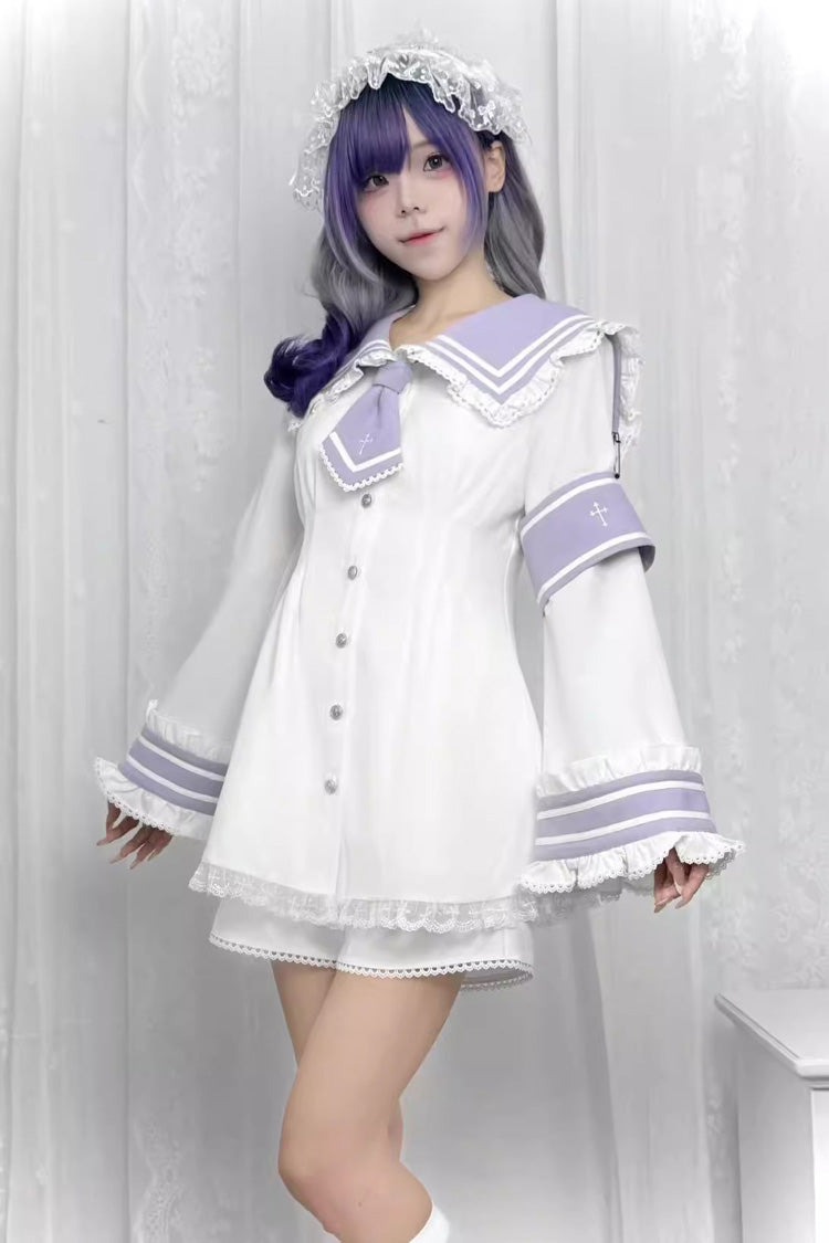 Sweet Lolita Dress - Japanese, 4 Colors, Long Sleeves, Bow Detail, Lace Trim - XS White/Purple / S White/Purple / M White/Purple option