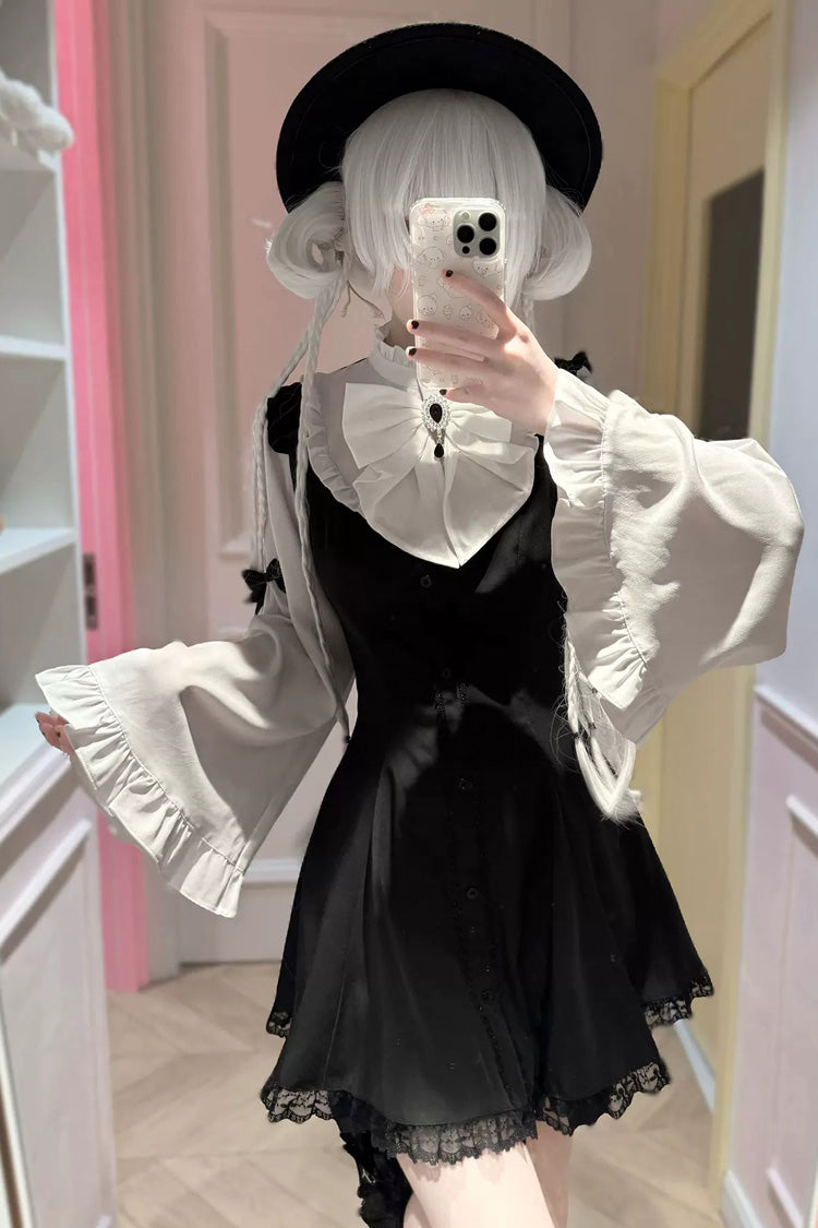Sweet Lolita Dress - Jirai Kei Stand Collar, 4 Colors, Stand Collar, Long Sleeves - XS Black/White / S Black/White / M Black/White option