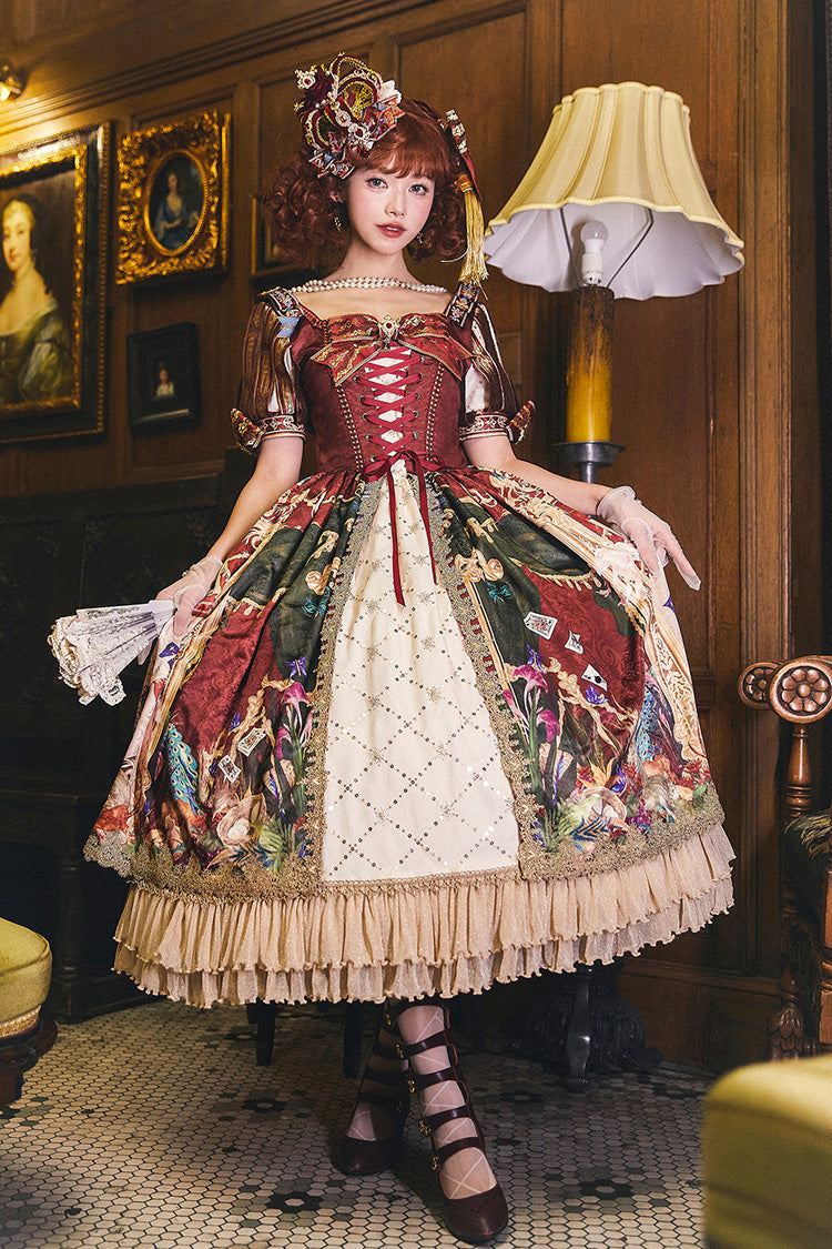 Sweet Lolita Dress - Kaleidoscope Of Dreams, Red, Embroidered, Layered, Lace-Up - main product image