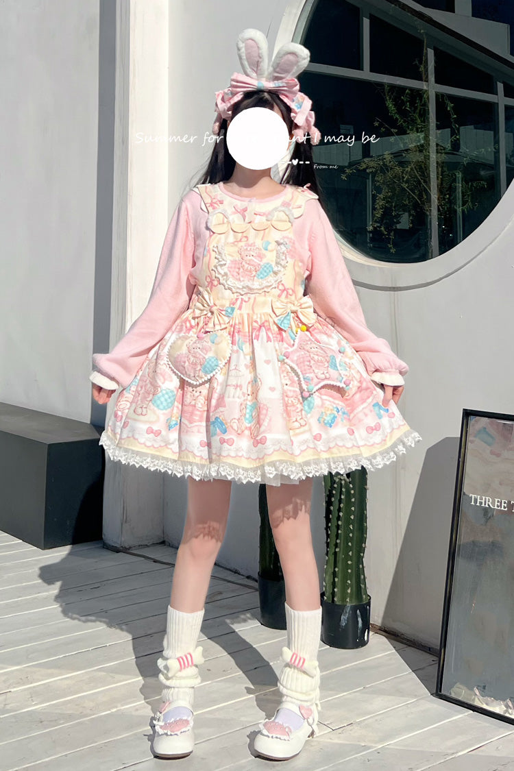 Sweet Lolita Dress - Kawaii Bears Print Yellow, Yellow, Lace Trim, Printed, Bow Detail - additional product view 2
