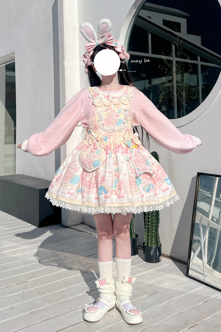 Sweet Lolita Dress - Kawaii Bears Print Yellow, Yellow, Lace Trim, Printed, Bow Detail - additional product view 3