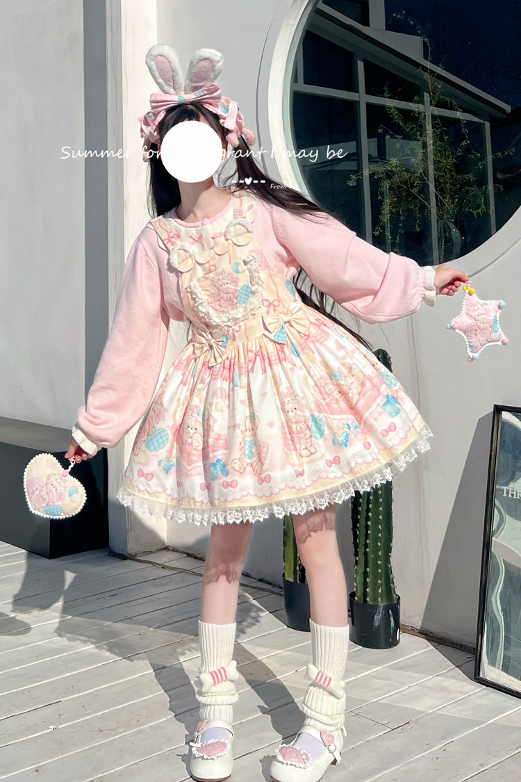 Sweet Lolita Dress - Kawaii Bears Print Yellow, Yellow, Lace Trim, Printed, Bow Detail - additional product view 4