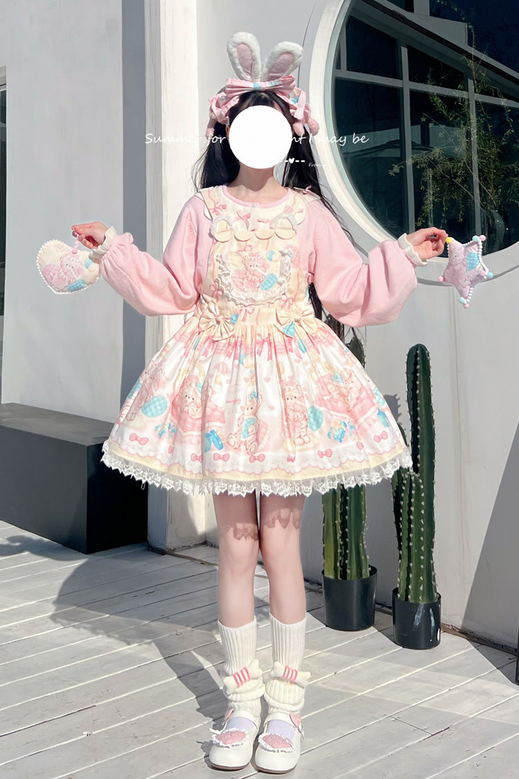 Sweet Lolita Dress - Kawaii Bears Print Yellow, Yellow, Lace Trim, Printed, Bow Detail - additional product view 5