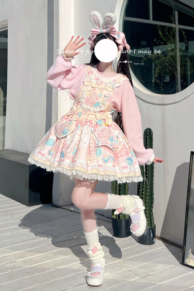 Sweet Lolita Dress - Kawaii Bears Print Yellow, Yellow, Lace Trim, Printed, Bow Detail - main product image