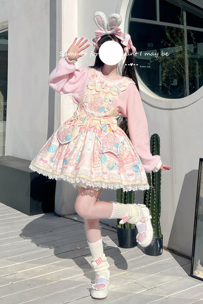 Sweet Lolita Dress - Kawaii Bears Print Yellow, Yellow, Lace Trim, Printed, Bow Detail - main product image