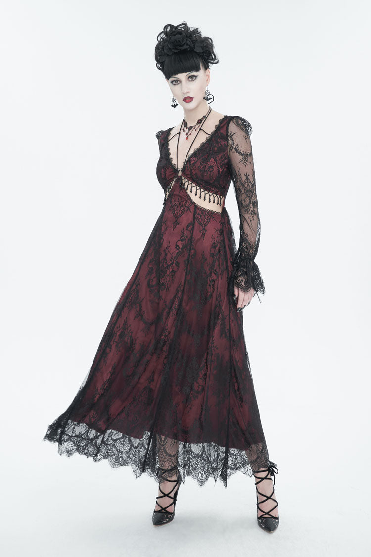 Sweet Lolita Dress - Lace Appliqu Adjustable Waist, Red, Women's Style, Gothic Style - additional product view 2