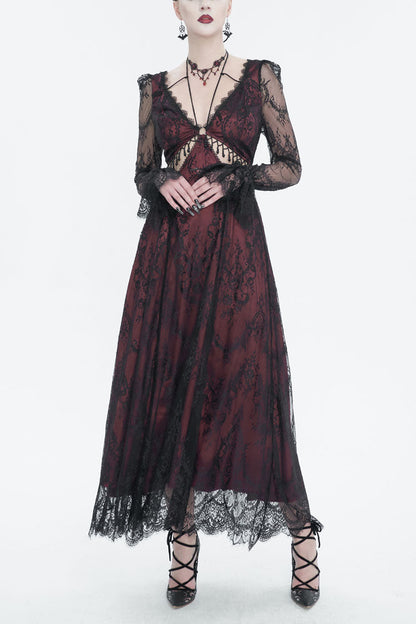 Sweet Lolita Dress - Lace Appliqu Adjustable Waist, Red, Women's Style, Gothic Style - main product image
