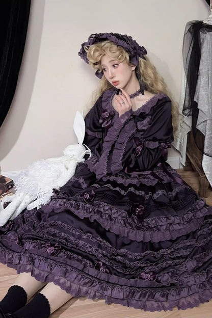 Sweet Lolita Dress - Layered Blackcurrant, Purple, Long Length, Short Length, Ruffled - additional product view 2