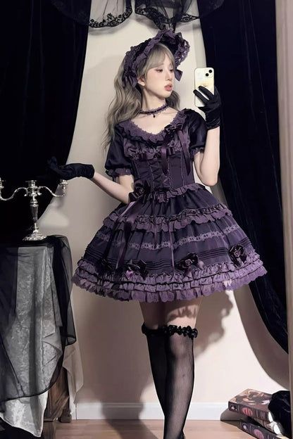 Sweet Lolita Dress - Layered Blackcurrant, Purple, Long Length, Short Length, Ruffled - additional product view 3