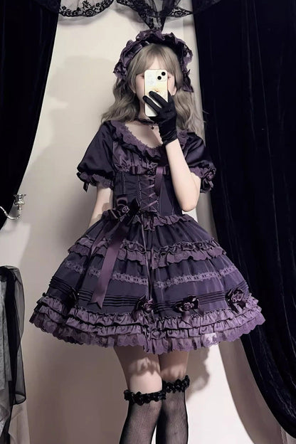 Sweet Lolita Dress - Layered Blackcurrant, Purple, Long Length, Short Length, Ruffled - main product image