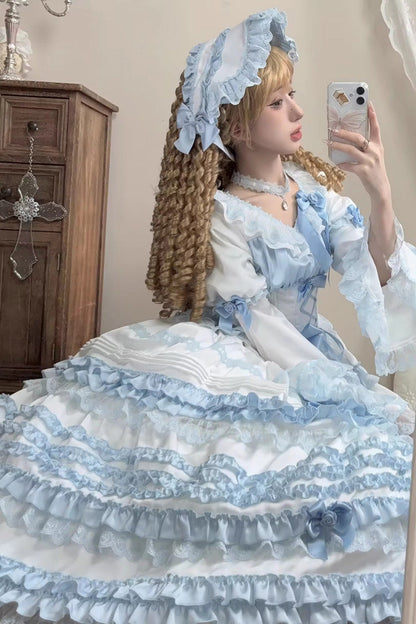 Sweet Lolita Dress - Layered Sea Salt Ice, 2 Colors, Long Length, Short Length, Bow Detail - additional product view 5