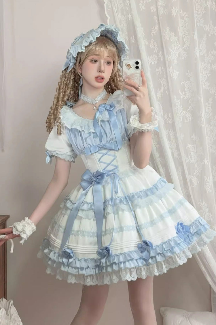 Sweet Lolita Dress - Layered Sea Salt Ice, 2 Colors, Long Length, Short Length, Bow Detail - main product image